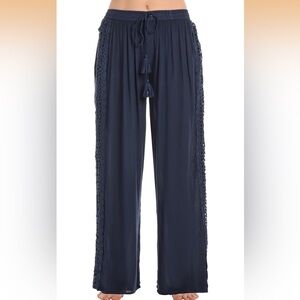 Navy Blue Wide-Leg Pants with Crochet Trim